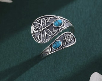 925 Sterling Silver Dragonfly Spoon Ring, Rose Turquoise Adjustable Wrap Ring, Victorian Style Statement Jewelry, Birthday Gift for Her