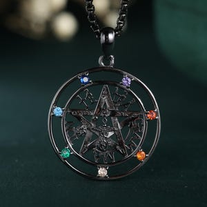 Sacred Tetragrammaton Pentacle Necklace with Seven Chakras, Mystic Pentagram Pendant In Gold, Silver And Black, Spiritual Jewelry Gift