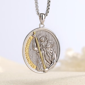 Sterling Silver St Christopher Pendant Necklace, Oval Religious Medal Protection Charm, Christian Jewelry Saint Christopher Travel Gift