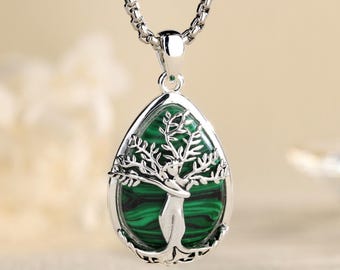 Nature Goddess Tree of Life Necklace, Copper Teardrop Amethyst Malachite Moonstone Pendant, Handmade Jewelry, Birthday Gift for Her