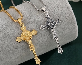 925 Sterling Silver St Benedict Crucifix Necklace, 18K Gold Jesus Cross Pendant, Catholic Jewelry, Confirmation Gift for Men and Women