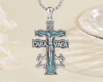 Sterling Silver Caravaca Cross Necklace, Turquoise Cruz de Caravaca Pendant, Christian Jewelry Protection Amulet, Catholic Gift for Her Him