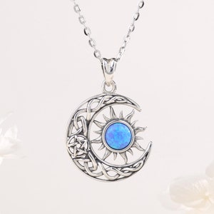 Sterling Silver Sun and Moon Necklace With Opal, Sunburst Blue Opal Pendant, Minimalist Crescent Moon, Celestial Jewelry, Chirstmas Gift