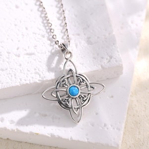Sterling Silver Celtic Knot Necklace With Triquetra&Blue Opal, Pagan Witch Pendant Wicca Protection talisman, Gothic Jewelry Christmas Gift
