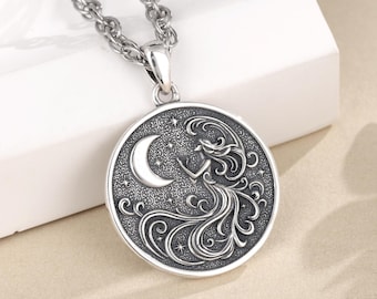 925 Sterling Silver Moon Goddess Necklace, Celestial Moon Phase Pendant Spiritual Amulet, Witchcraft Pagan Jewelry, Christmas Gift for Her