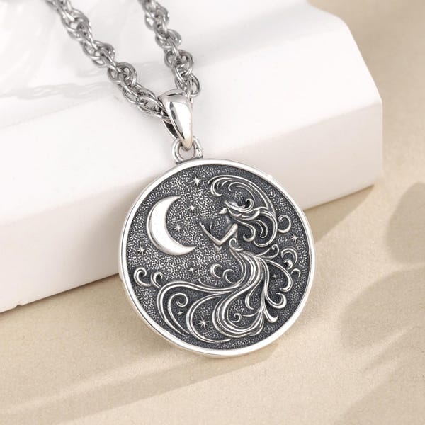 Halsband med mångudinna i 925 sterling silver, hänge med himmelsk månfas och andlig amulett, hedniska smycken i häxkonst, julklapp till henne