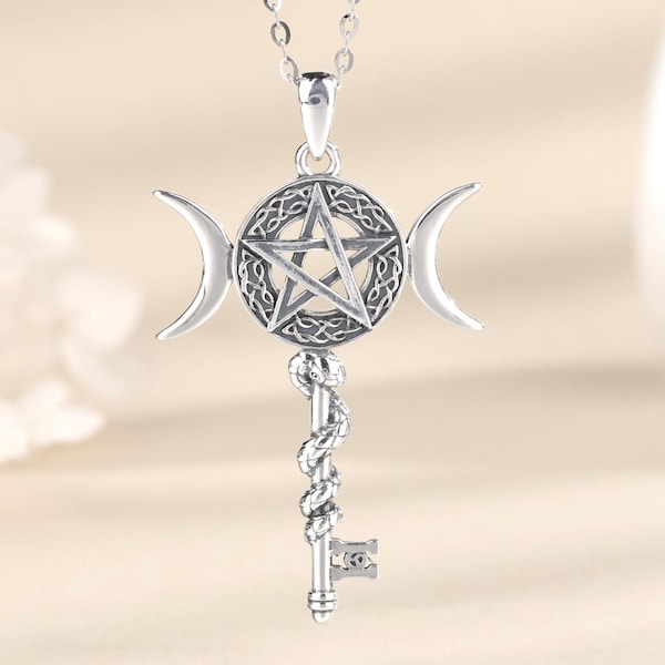 Sterling Silver Hecate Key Necklace, Wicca Pentagram Triple Moon Snake Pendant Protection Amulet, Spiritual Jewelry, Birthday Gift for Her