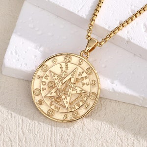 Gold-Plated Sterling Silver Pentagram Pendant Necklace, Sacred Geometry Tetragrammaton Pentacle Amulet, Hebrew name of God, YHWH Jewelry