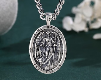 Saint Raphael Pendant Necklace for Men Women - S925 Sterling Silver Archangel Raphael Healing Medallion, Catholic Jewelry, Christmas Gift