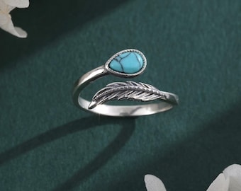925 Sterling Silver Turquoise Feather Ring, Teardrop Adjustable Wrap Ring, Bohemian Southwestern Jewelry, Christmas Birthday Gift for Her