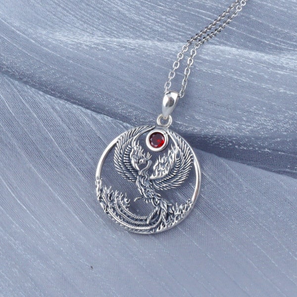 Sterling Silver Exquisite Phoenix Necklace, Rising Phoenix Pendant With Red Garnet, Motivational Firebird Jewelry, Encouragement Gift