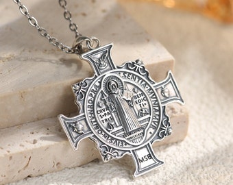 Exorcism St Benedict Cross Necklace, Sterling Silver Saint Benedict Medal, Christian Jewelry Protection Amulet, Communion Gift for Her & Him