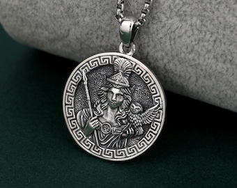 Sterling Silver Athena Goddess Coin Necklace, Greek Mythology Goddess of Wisdom Owl Pendant, Handmade Jewelry, Graduation Gift for Her & Him