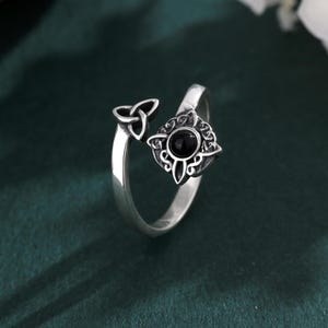 Regulowany pierścień z węzłem czarownicy ze srebra próby 925, amulet ochronny z czarnego obsydianu w stylu celtyckim, biżuteria pogańska wicca, duchowy prezent dla niej