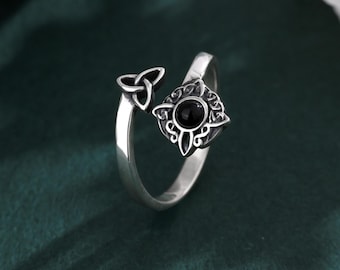 925 Sterling Silver Witches Knot Adjustable Ring, Black Obsidian Celtic Ring Protection Amulet, Wiccan Pagan Jewelry, Spiritual Gift for Her