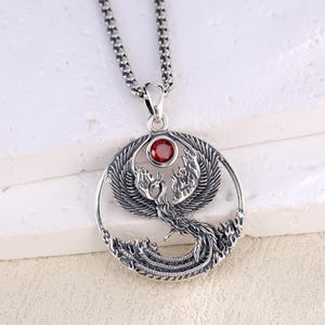 S925 Sterling Silver Phoenix Necklace, Rising Phoenix Pendant With Red Garnet, Motivational Firebird Jewelry, Encouragement Gift for Her