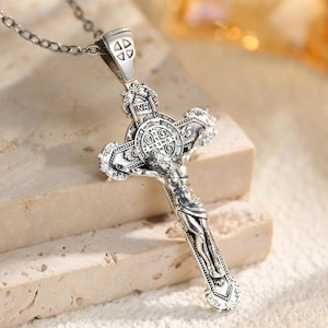 Sterling Silver Crucifix Pendant, Antique Jesus Cross Necklace With INRI And C.S.P.B, Catholic And Christian Faith Jewelry, Religious Gift