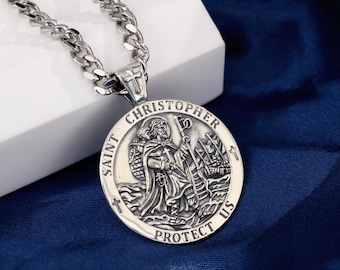 925 Sterling Silber St Christopher Halskette, Heiliger Christopher wundersame Medaille Anhänger, Christian Schmuck, Reiseschutz Amulett