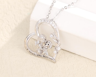 925 Sterling Silver Girl and Dog Heart Pendant Necklace, Pet Memorial Jewelry, Pet Lover Gift for her
