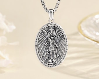 925 Sterling Silver Saint Michael Pendant Necklace, Archangel Michael Medal Protection Amulet, Christian Jewelry, Baptism Gift for Him Her