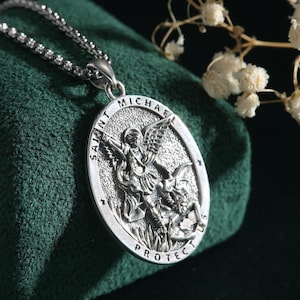 Religious Sterling Silver Saint Michael Pendant, St Michael Necklace, Antique Catholic Saints Medal, Guard Us With Strength, Christmas Gift