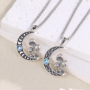 Sterling Silver Witchy Mushroom Necklace, Handcrafted Crescent Moon Mushroom Pendant w/Moonstone, Pagan Jewelry Wicca Amulet Gift for Her