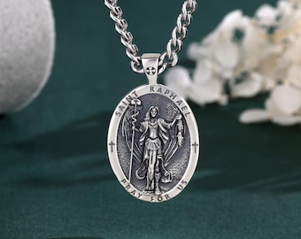 925 Sterling Silver St Raphael Pendant Necklace, Patron Saint Archangel Raphael Healing Medal, Christian Jewelry, Christmas Gift for Him Her