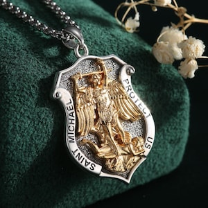 St. Michael Archangel Protection Necklace, Sterling Silver & Gold-Plated Shield Pendant, Saint Michael Medal, Patron Saint Religious Jewelry