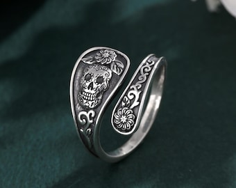 925 Sterling Silver Sugar Skull Spoon Ring, Floral Day of the Dead Adjustable Ring, Gothic Calavera Jewellery, Birthday Gifts for Her Him
