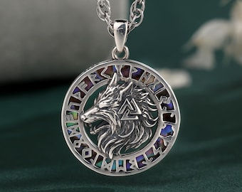 Sterling Silver Valknut Viking Wolf Necklace, Norse Fenrir Pendant with Abalone Shell, Mythology Jewelry Amulet, Mythical Gift for Him Her