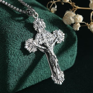 Sterling Silver Jesus Cross Necklace, Handmade St. Benedict Exorcism Cross Pendant, Christian Jewelry Protection Amulet, Gifts for Women Men