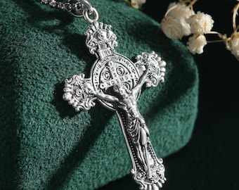 Sterling Silver Jesus Cross Necklace, Handmade St. Benedict Exorcism Cross Pendant, Christian Jewelry Protection Amulet, Gifts for Women Men
