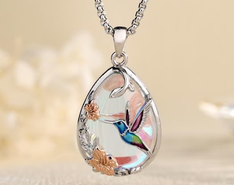 Hummingbird Moonstone Teardrop Necklace for Women, Rhodium Plated Colorful Enamel Bird Pendant, Nature Spiritual Jewelry, Gift for Her