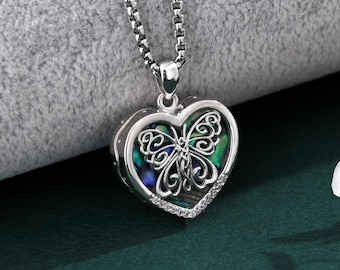Sterling Silver Heart Ashes Necklace, Abalone Shell Butterfly Cremation Urn Pendant, Memorial Jewelry, Sympathy Gift for Loss of Loved One