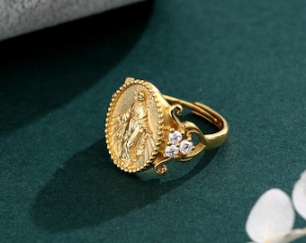 18K Gold Virgin Mary Ring, Miraculous Medal S925 Sterling Silver Ring, Adjustable Catholic Signet Ring, Christian Jewelry, Gift for Her