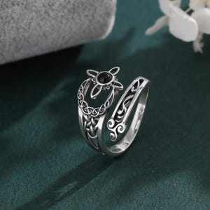 925 Sterling Silver Witches Knot Ring, Crescent Moon Black Obsidian Adjustable Ring, Wiccan Pagan Jewelry Amulet, Spiritual Gift for Women