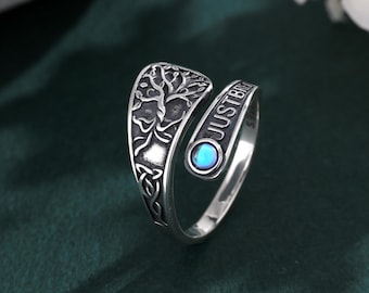 Sterling Silver Tree of Life Spoon Ring, Moonstone Adjustable Just Breathe Ring, Wiccan Inspirational Jewelry, Personalized Gift for Him Her