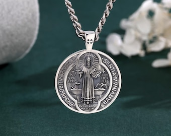 Sterling Silver St Benedict Medal Necklace, Patron Saint San Benito Pendant Protection Amulet, Christian Jewelry, Baptism Gift for Her Him