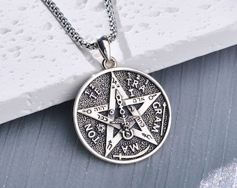 Sterling Silver Protective Pentacle Necklace, Sacred Pentagram Pendant, Wicca Mystical Tetragrammaton Amulet Jewelry, Spiritual Gift for Him