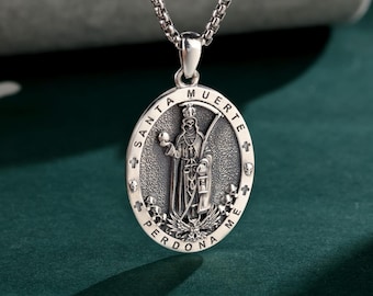 Sterling Silver Santa Muerte Pendant Necklace, Angel of Death Protection Amulet, Handmade Gothic Jewelry, Spiritual Gift for Him or Her