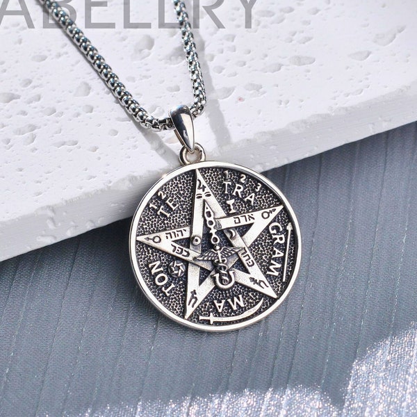 Sterling Silver Protective Pentacle Necklace, Sacred Pentagram Pendant, Wicca Mystical Tetragrammaton Amulet Jewelry, Spiritual Gift for Him