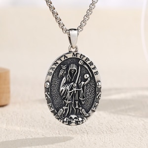 Santisima Muerte Necklace, Sterling Silver Grim Reaper Pendant, Holy Death Protection Amulet, Gothic Jewelry, Halloween Gifts for Her & Him