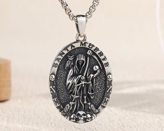 Santisima Muerte Necklace, Sterling Silver Grim Reaper Pendant, Holy Death Protection Amulet, Gothic Jewelry, Halloween Gifts for Her & Him