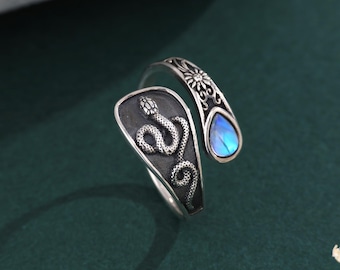925 Sterling Silver Snake Moonstone Ring, Gothic Adjustable Serpent Sunflower Wrap Ring, Witchy Jewelry, Unique Halloween Gift for Her Him