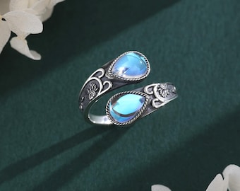 925 Sterling Silver Moonstone Spoon Ring - Handmade Sunflower Gemstone Adjustable Wrap Ring - Statement Jewelry Birthday Gift for Her