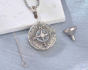 Sterling Silver Compass Cremation Necklace, Guiding Star Memorial Pendant, Ashes Holder, Keepsake Jewelry For Pet, Thoughtful Sympathy Gift