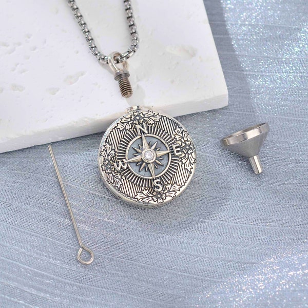 Sterling Silver Compass Cremation Necklace, Guiding Star Memorial Pendant, Ashes Holder, Keepsake Jewelry For Pet, Thoughtful Sympathy Gift