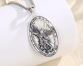 Silver Plated Saint Michael Necklace, Guardian Angel St Michael Pendant Protection Amulet, Catholic Medal, Christian Jewelry, Gift for Him