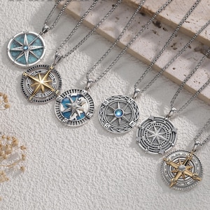 Sterling Silver Compass Necklace, North Star Pendant, Moonstone&Turquoise Nautical Jewelry, Adventure Travel Compass Charm, Graduation Gift