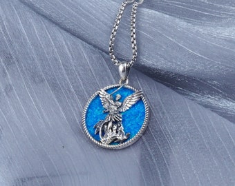 Exquisite Blue Saint Michael Necklace With Blue Opal, Sterling Silver Archangel Michael Pendant, Religious St Michael Medal, Christmas Gift